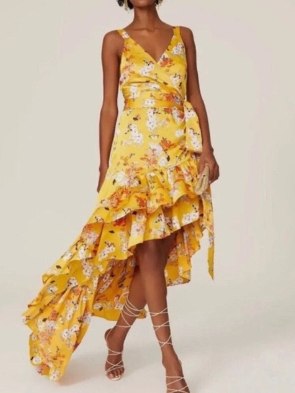 Bronx & Banco Narciss Dress Yellow floral Silk Ruffle Cascading hem Formal gown